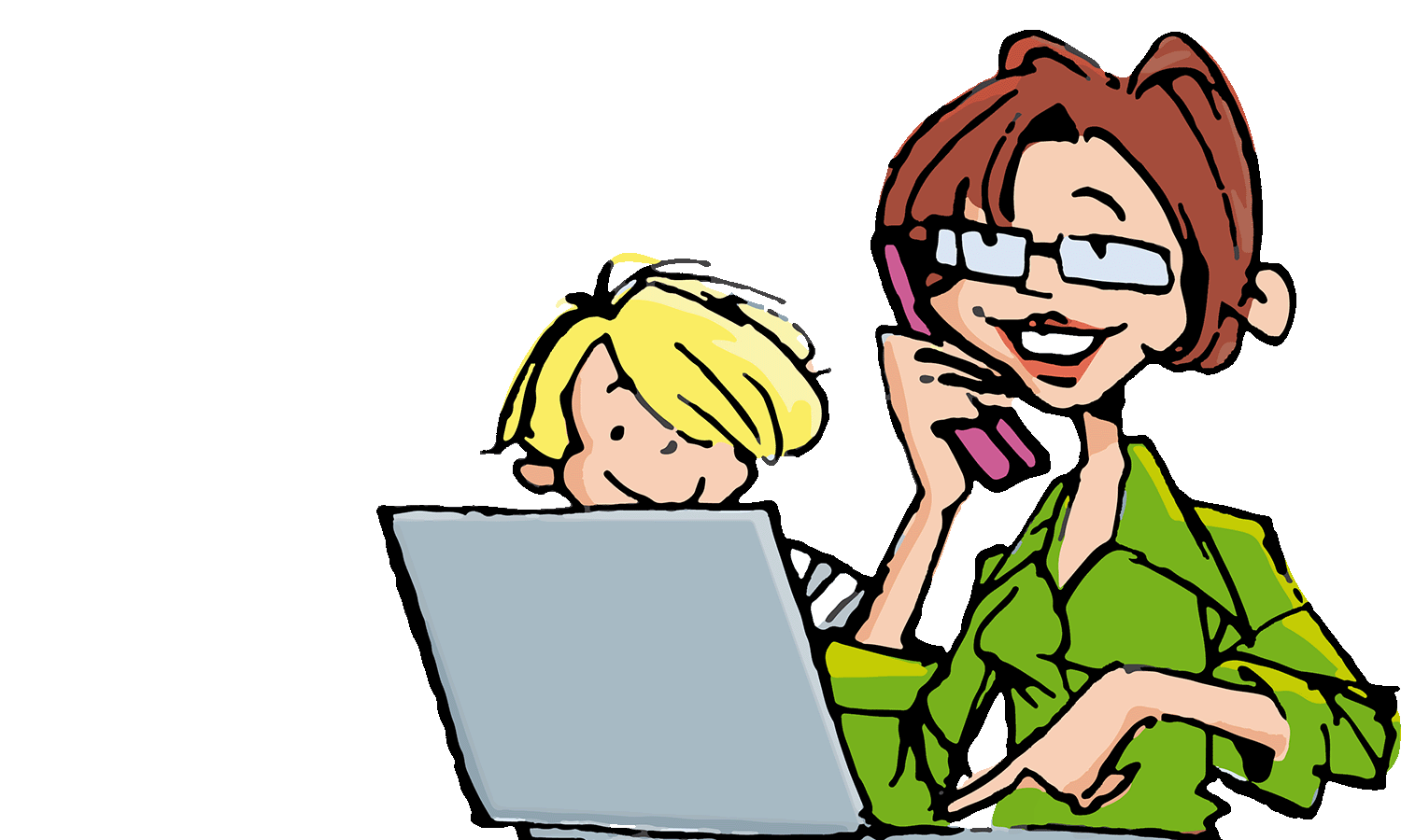 Illustration, Frau mit Tochter telefonieren, Laptop im Vordergrund